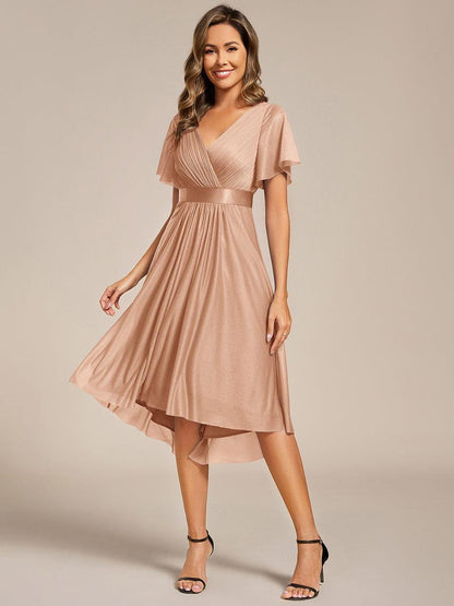ever SOL|Short Sleeve V-Neck Pleated Glitter Midi Wedding Guest Dress