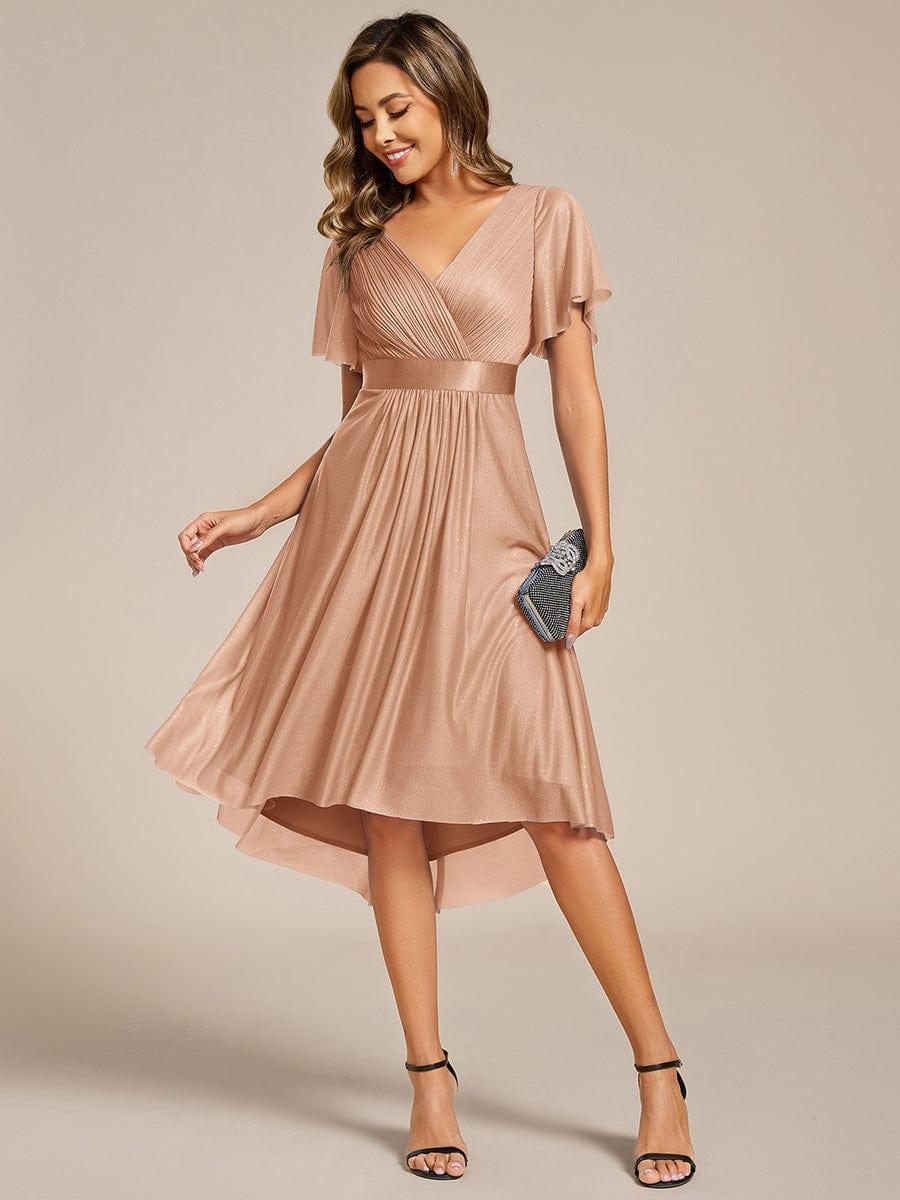 ever SOL|Short Sleeve V-Neck Pleated Glitter Midi Wedding Guest Dress