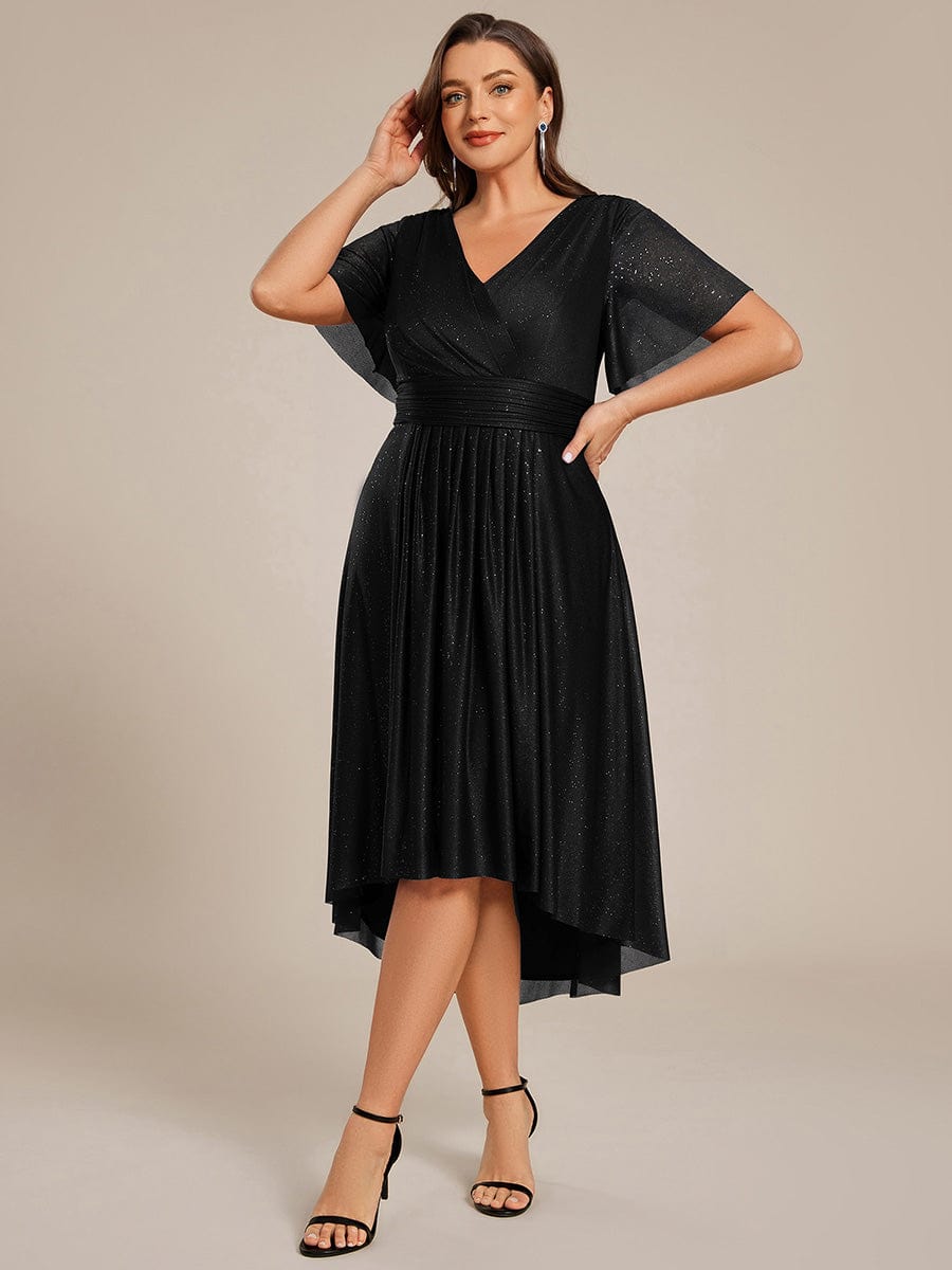 pretty TATE|Plus Size Short Sleeve Pleated Ruffles Sequin A-Line Midi Wedding Guest Dress