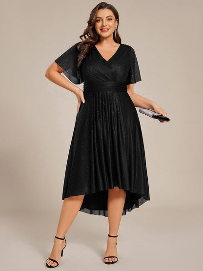 pretty TATE|Plus Size Short Sleeve Pleated Ruffles Sequin A-Line Midi Wedding Guest Dress