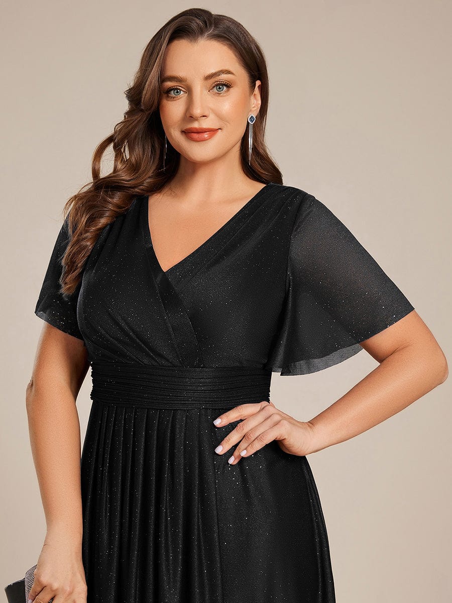 pretty TATE|Plus Size Short Sleeve Pleated Ruffles Sequin A-Line Midi Wedding Guest Dress