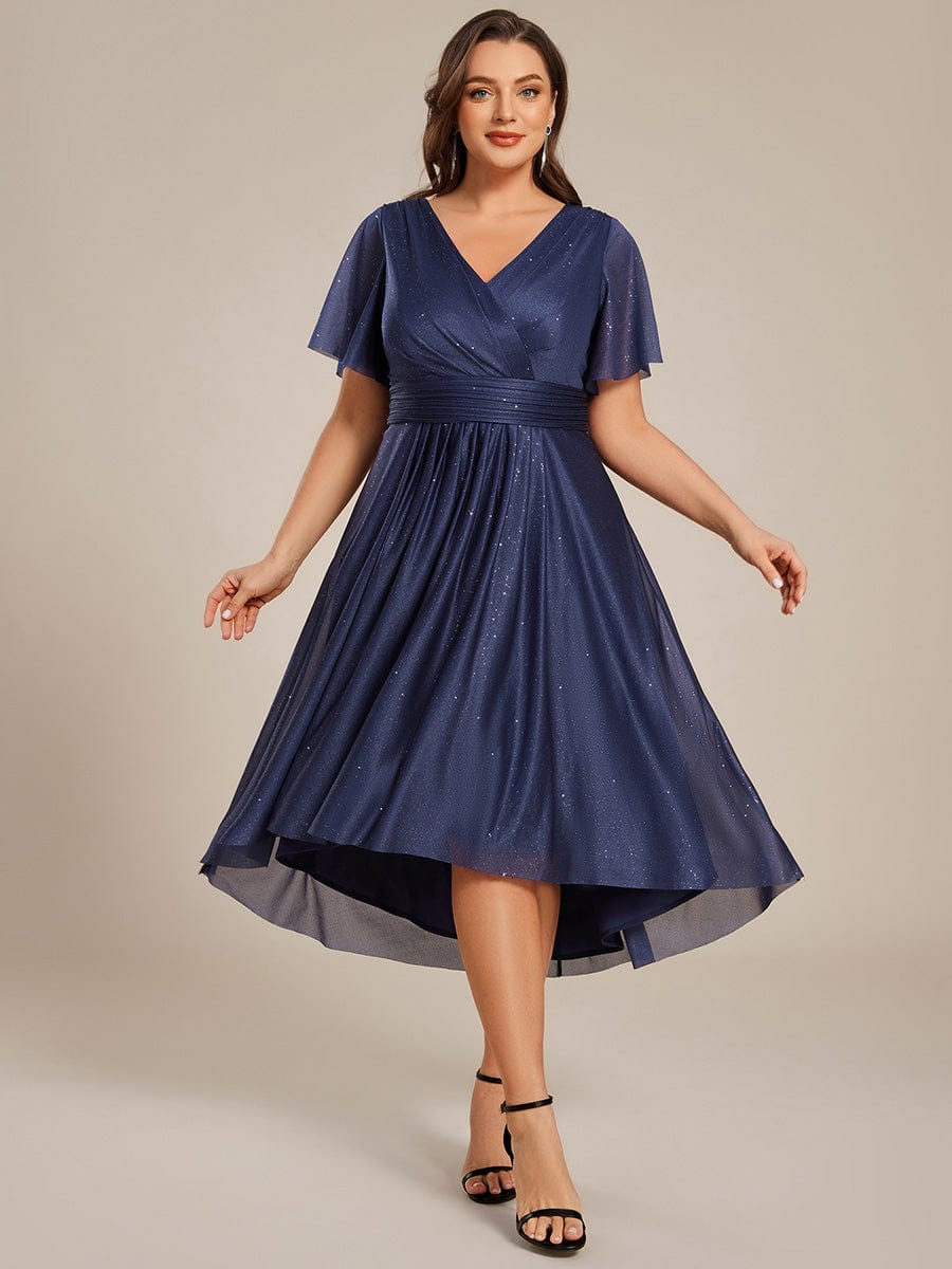 pretty TATE|Plus Size Short Sleeve Pleated Ruffles Sequin A-Line Midi Wedding Guest Dress