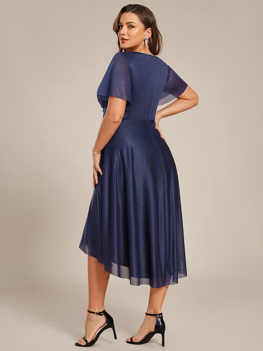 pretty TATE|Plus Size Short Sleeve Pleated Ruffles Sequin A-Line Midi Wedding Guest Dress