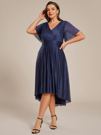 pretty TATE|Plus Size Short Sleeve Pleated Ruffles Sequin A-Line Midi Wedding Guest Dress