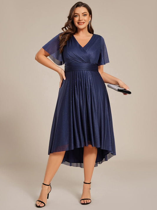pretty TATE|Plus Size Short Sleeve Pleated Ruffles Sequin A-Line Midi Wedding Guest Dress