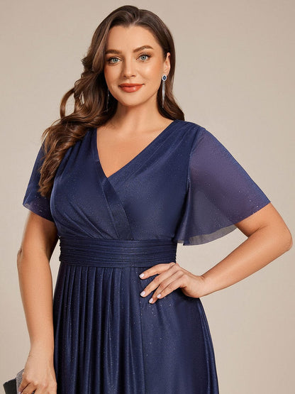 pretty TATE|Plus Size Short Sleeve Pleated Ruffles Sequin A-Line Midi Wedding Guest Dress