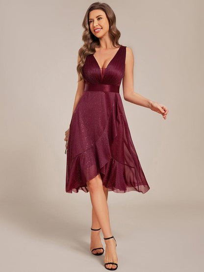 ever AZARIA|Glitter Sleeveless Deep V-Neck A-Line Midi Wedding Guest Dress