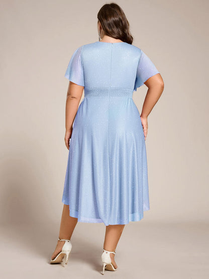 pretty CLARYN|Plus Size Sequin Round Neck Asymmetrical Midi Wedding Guest Dress