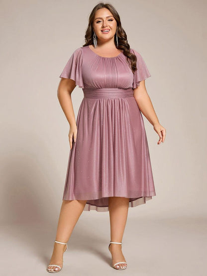 pretty CLARYN|Plus Size Sequin Round Neck Asymmetrical Midi Wedding Guest Dress