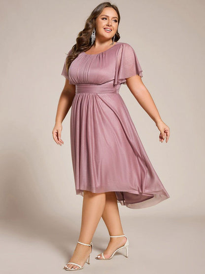 pretty CLARYN|Plus Size Sequin Round Neck Asymmetrical Midi Wedding Guest Dress