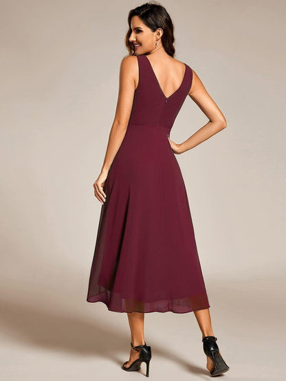 ever AUGUST|Chic V-Neck Pleated Sleeveless High-Low Chiffon Wedding Guest Dress