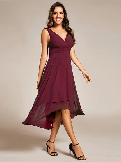 ever AUGUST|Chic V-Neck Pleated Sleeveless High-Low Chiffon Wedding Guest Dress