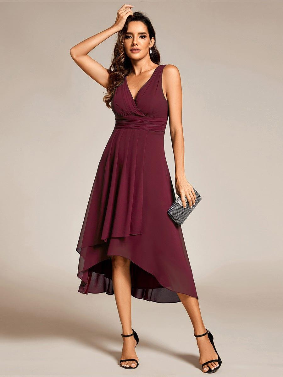 ever AUGUST|Chic V-Neck Pleated Sleeveless High-Low Chiffon Wedding Guest Dress
