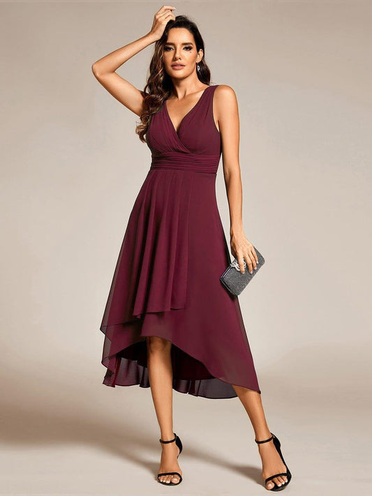 ever AUGUST|Chic V-Neck Pleated Sleeveless High-Low Chiffon Wedding Guest Dress