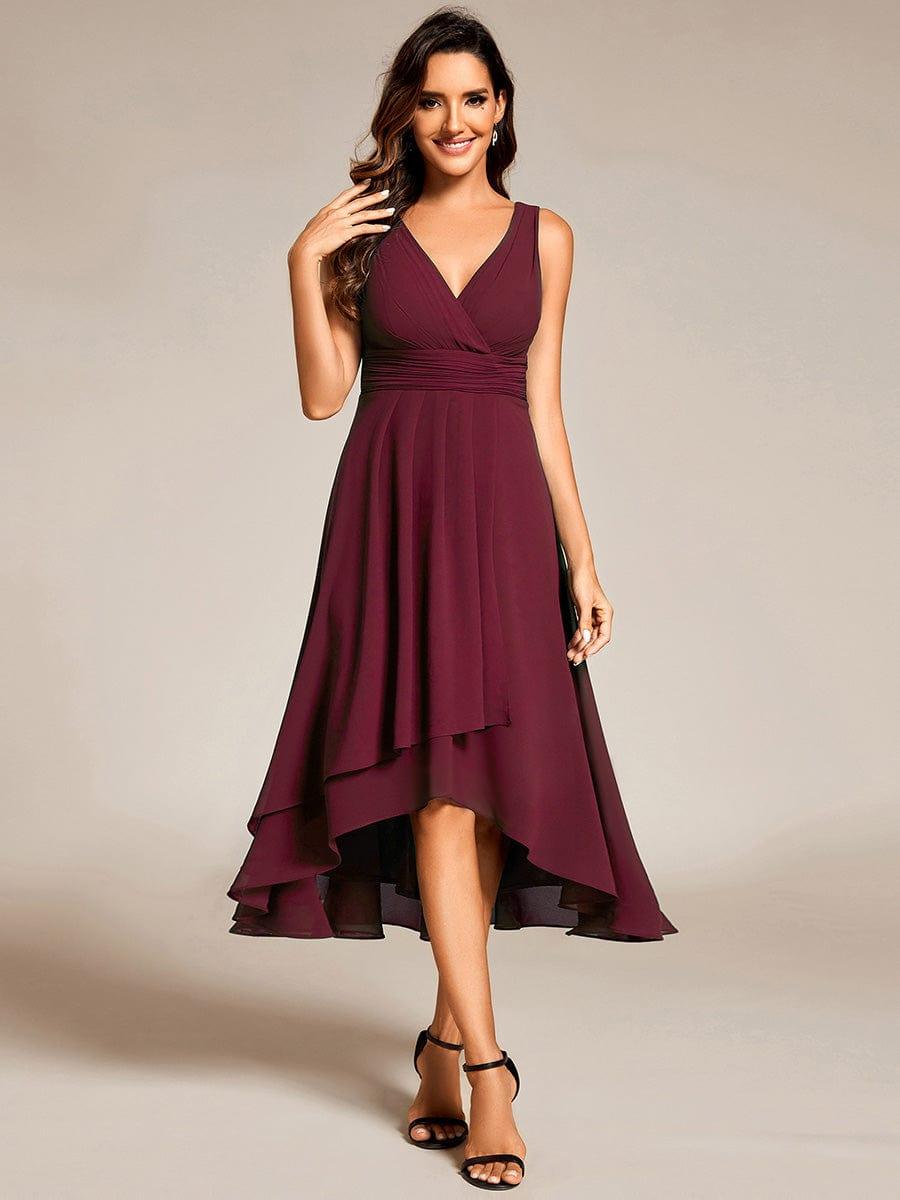 ever AUGUST|Chic V-Neck Pleated Sleeveless High-Low Chiffon Wedding Guest Dress