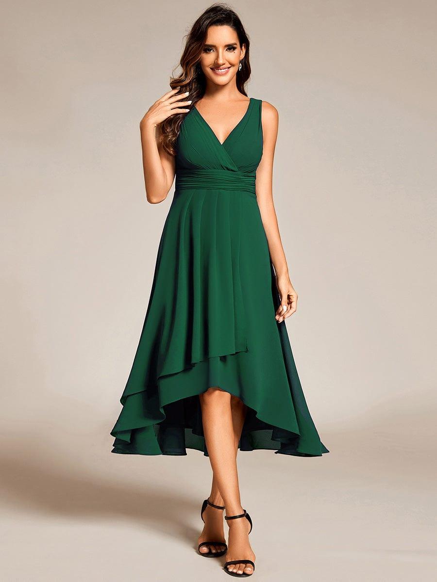 ever AUGUST|Chic V-Neck Pleated Sleeveless High-Low Chiffon Wedding Guest Dress