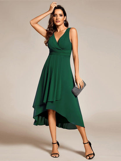 ever AUGUST|Chic V-Neck Pleated Sleeveless High-Low Chiffon Wedding Guest Dress
