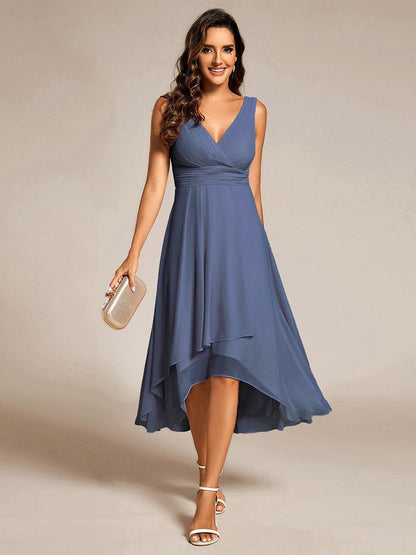 ever AUGUST|Chic V-Neck Pleated Sleeveless High-Low Chiffon Wedding Guest Dress