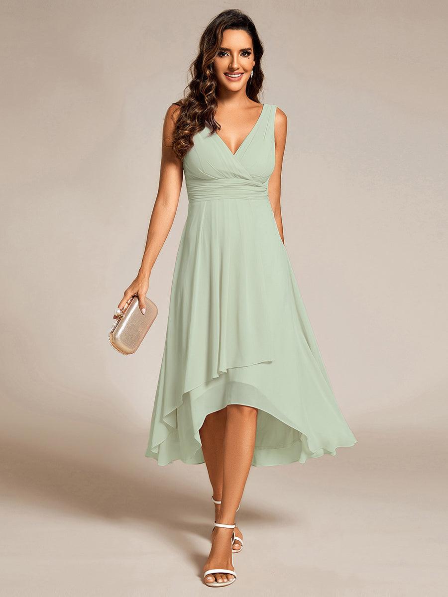 ever AUGUST|Chic V-Neck Pleated Sleeveless High-Low Chiffon Wedding Guest Dress