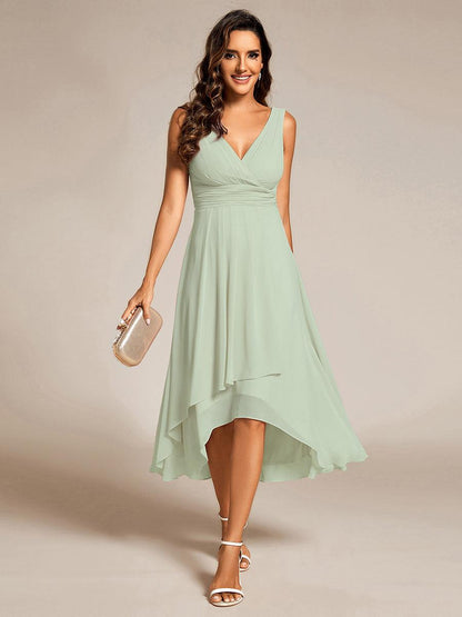ever AUGUST|Chic V-Neck Pleated Sleeveless High-Low Chiffon Wedding Guest Dress