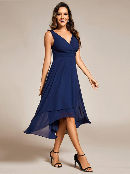 ever AUGUST|Chic V-Neck Pleated Sleeveless High-Low Chiffon Wedding Guest Dress