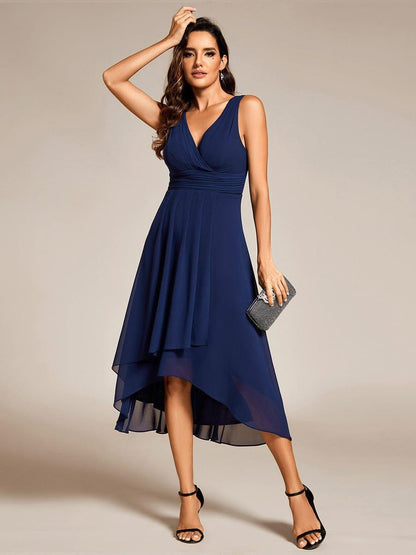 ever AUGUST|Chic V-Neck Pleated Sleeveless High-Low Chiffon Wedding Guest Dress