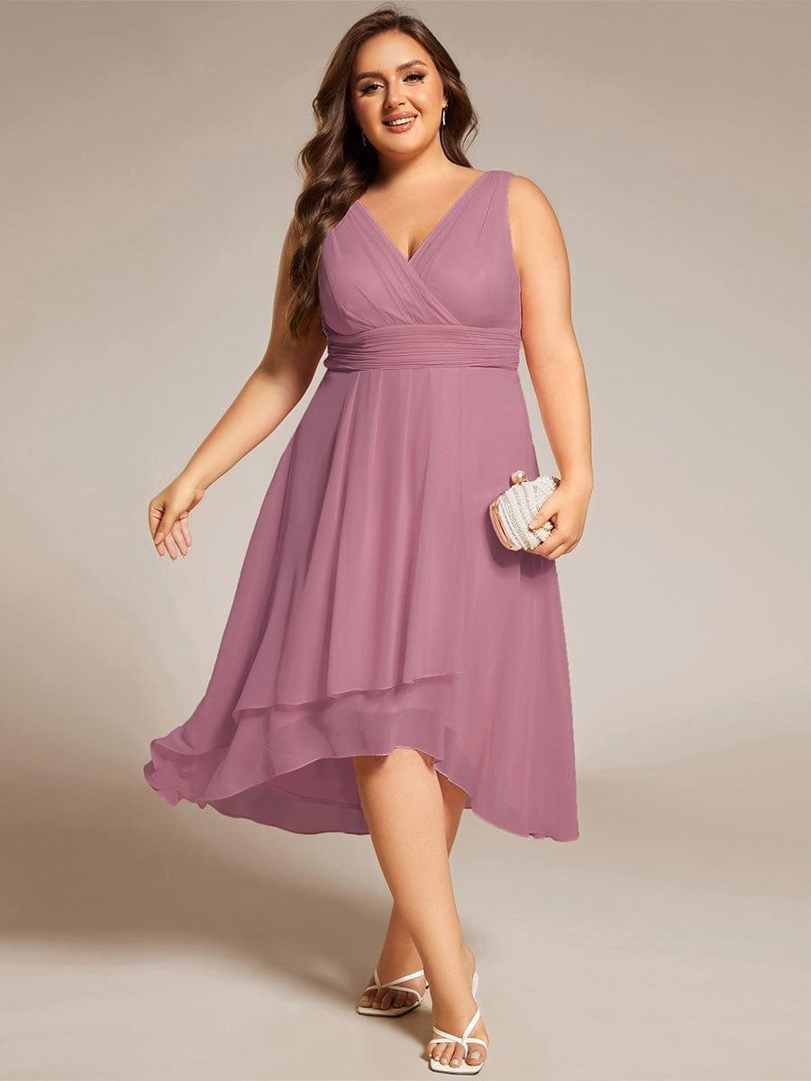 ever AUGUST|Chic V-Neck Pleated Sleeveless High-Low Chiffon Wedding Guest Dress