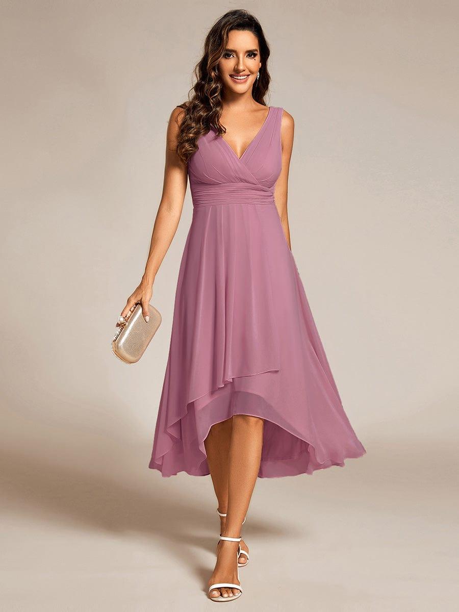 ever AUGUST|Chic V-Neck Pleated Sleeveless High-Low Chiffon Wedding Guest Dress
