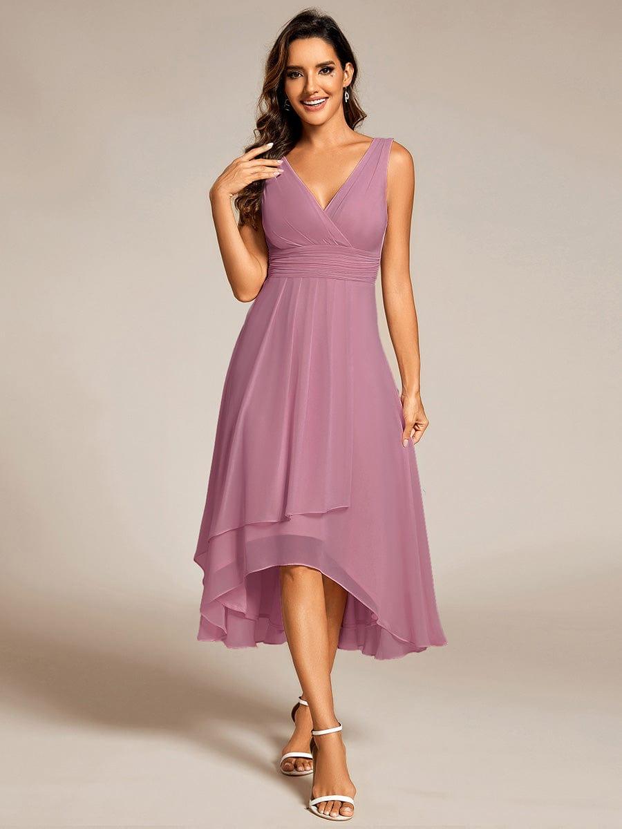 ever AUGUST|Chic V-Neck Pleated Sleeveless High-Low Chiffon Wedding Guest Dress