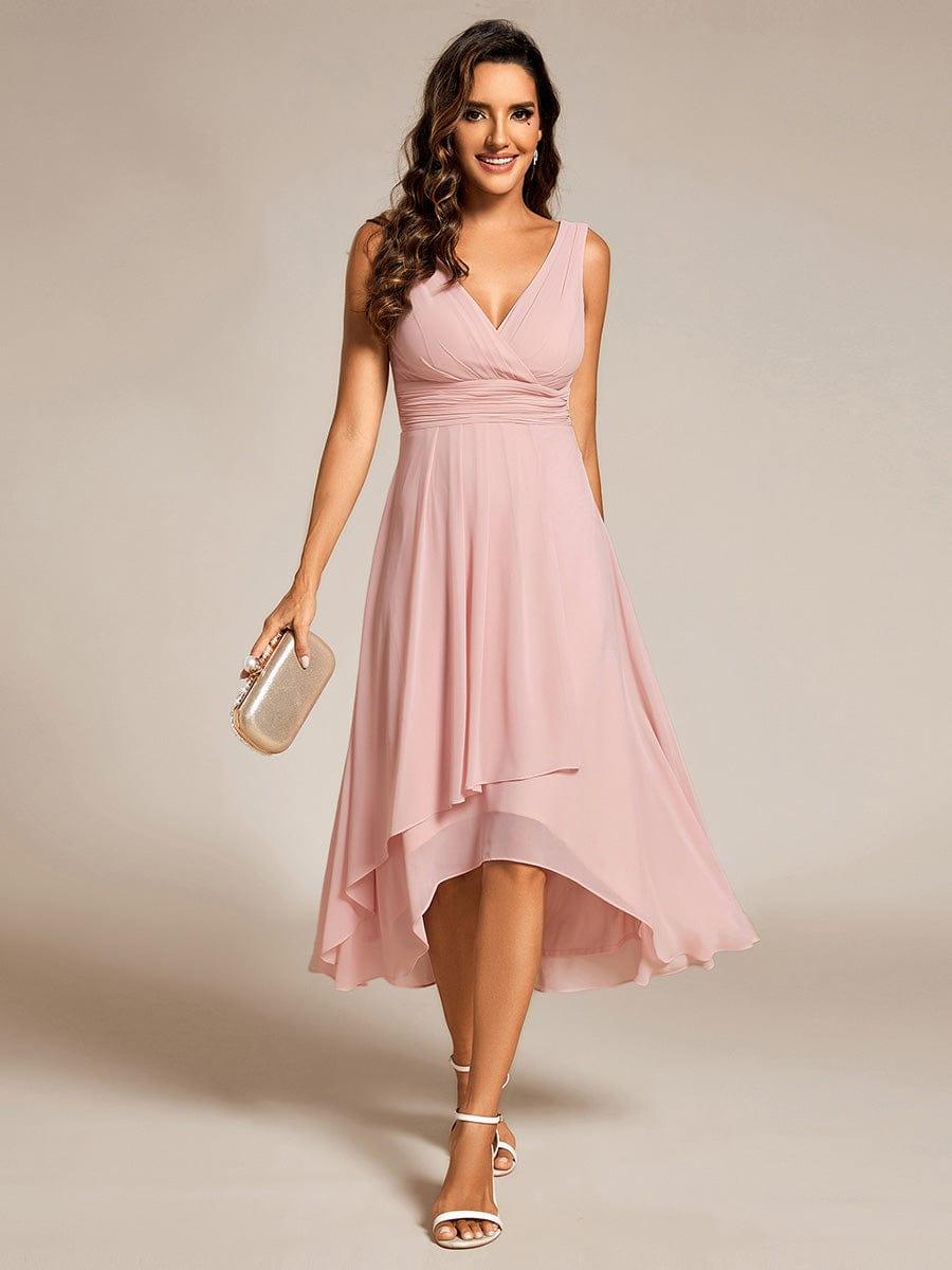 ever AUGUST|Chic V-Neck Pleated Sleeveless High-Low Chiffon Wedding Guest Dress