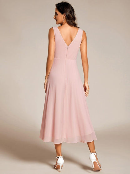ever AUGUST|Chic V-Neck Pleated Sleeveless High-Low Chiffon Wedding Guest Dress
