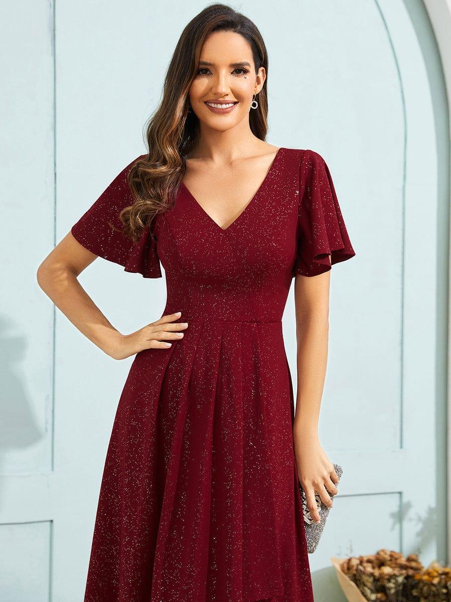 Glow Lana | Sparkling V-Neck High-Low Wedding Guest Dress with Ruffled Sleeves