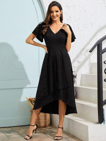 Glow Lana | Sparkling V-Neck High-Low Wedding Guest Dress with Ruffled Sleeves