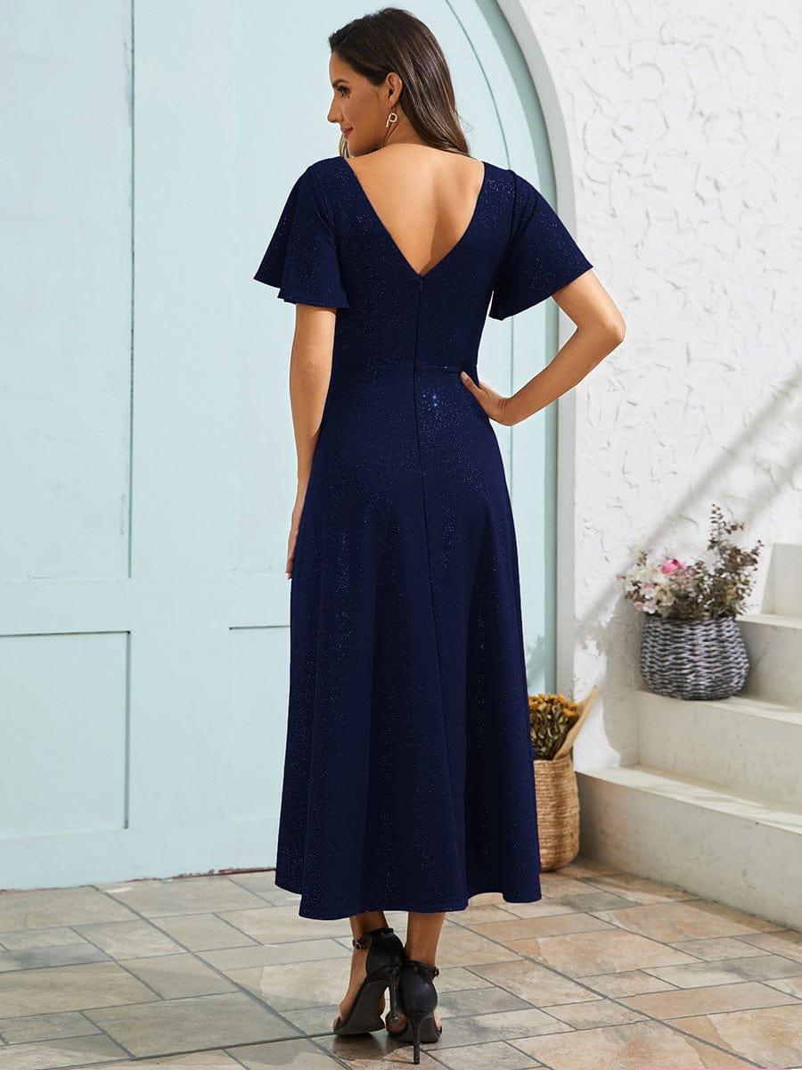 Glow Lana | Sparkling V-Neck High-Low Wedding Guest Dress with Ruffled Sleeves