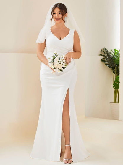 pretty ARDEN|Plus Size Deep V-Neck Sleeveless High Slit Simple Wedding Dress