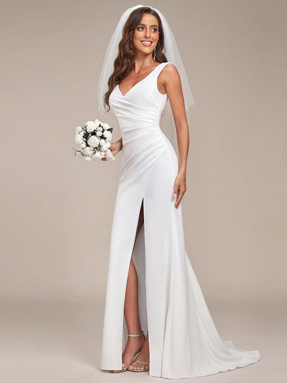 ever ARDEN|Ruched Bodycon Deep V-Neck Sleeveless Simple Wedding Dress