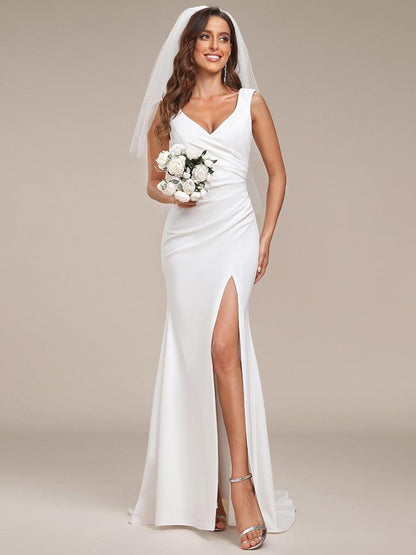 ever ARDEN|Ruched Bodycon Deep V-Neck Sleeveless Simple Wedding Dress