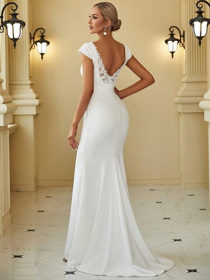PATRISSE'S BRIDE|Cap Sleeve Deep V-Neck Backless Fishtail Wedding Dress