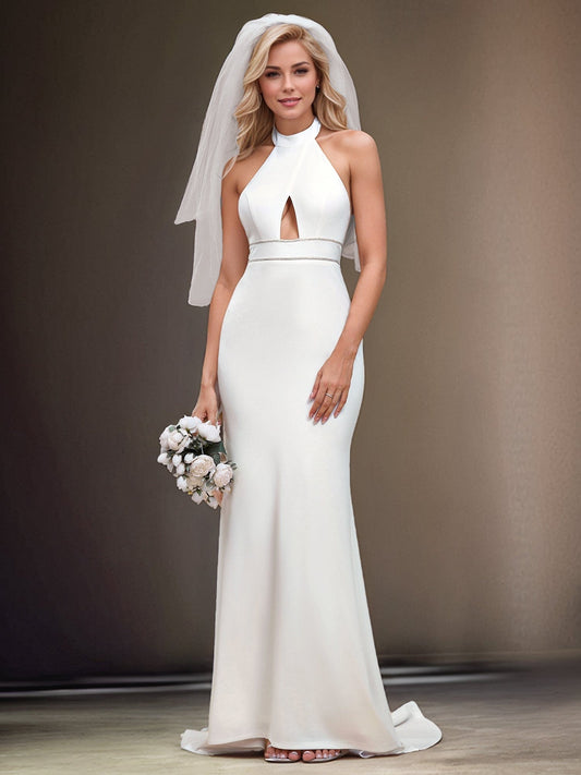 Halter Hollow Out Sleeveless Waist Detail Mermaid Wedding Dress
