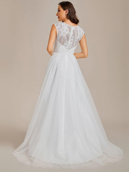 PERESIA'S BRIDE|Sleeveless See-Through Round Neckline Lace Embroidery Wedding Dress