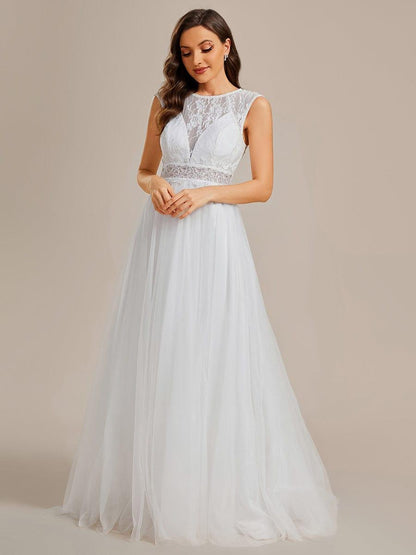 PERESIA'S BRIDE|Sleeveless See-Through Round Neckline Lace Embroidery Wedding Dress