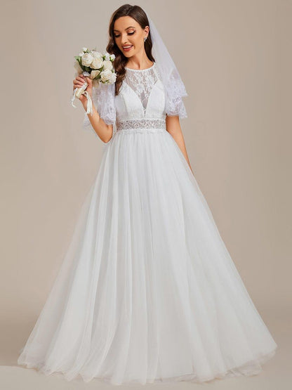 PERESIA'S BRIDE|Sleeveless See-Through Round Neckline Lace Embroidery Wedding Dress