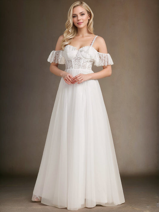 Romantic See-Through Lace Bodice Spaghetti Strap Short Sleeve Tulle Wedding Dress