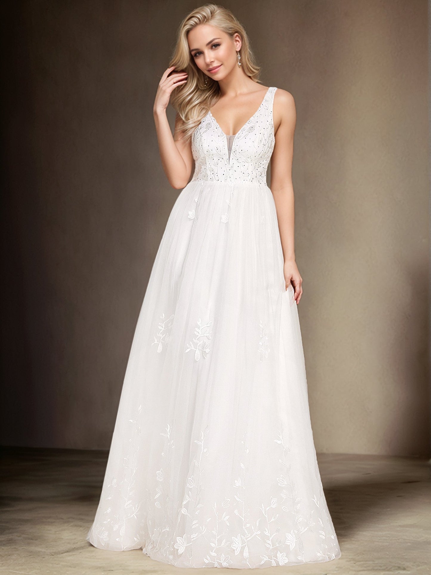 Sleeveless V-Neck A Line Embroidered Tulle Wedding Dress with Applique