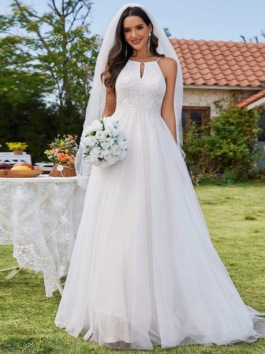 NORESSA'S BRIDE|A-Line Halter Neck Applique Wedding Dress with Tulle