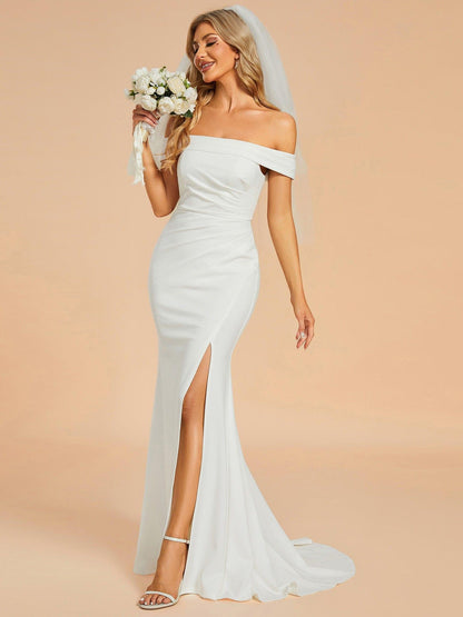 ITALISSE'S BRIDE|Off Shoulder Pleated Mermaid Wedding Dress featuring High Slit