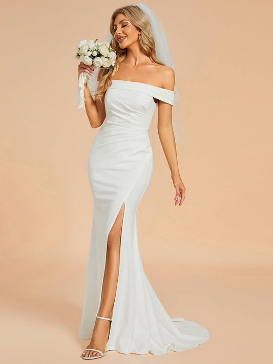 ITALISSE'S BRIDE|Off Shoulder Pleated Mermaid Wedding Dress featuring High Slit