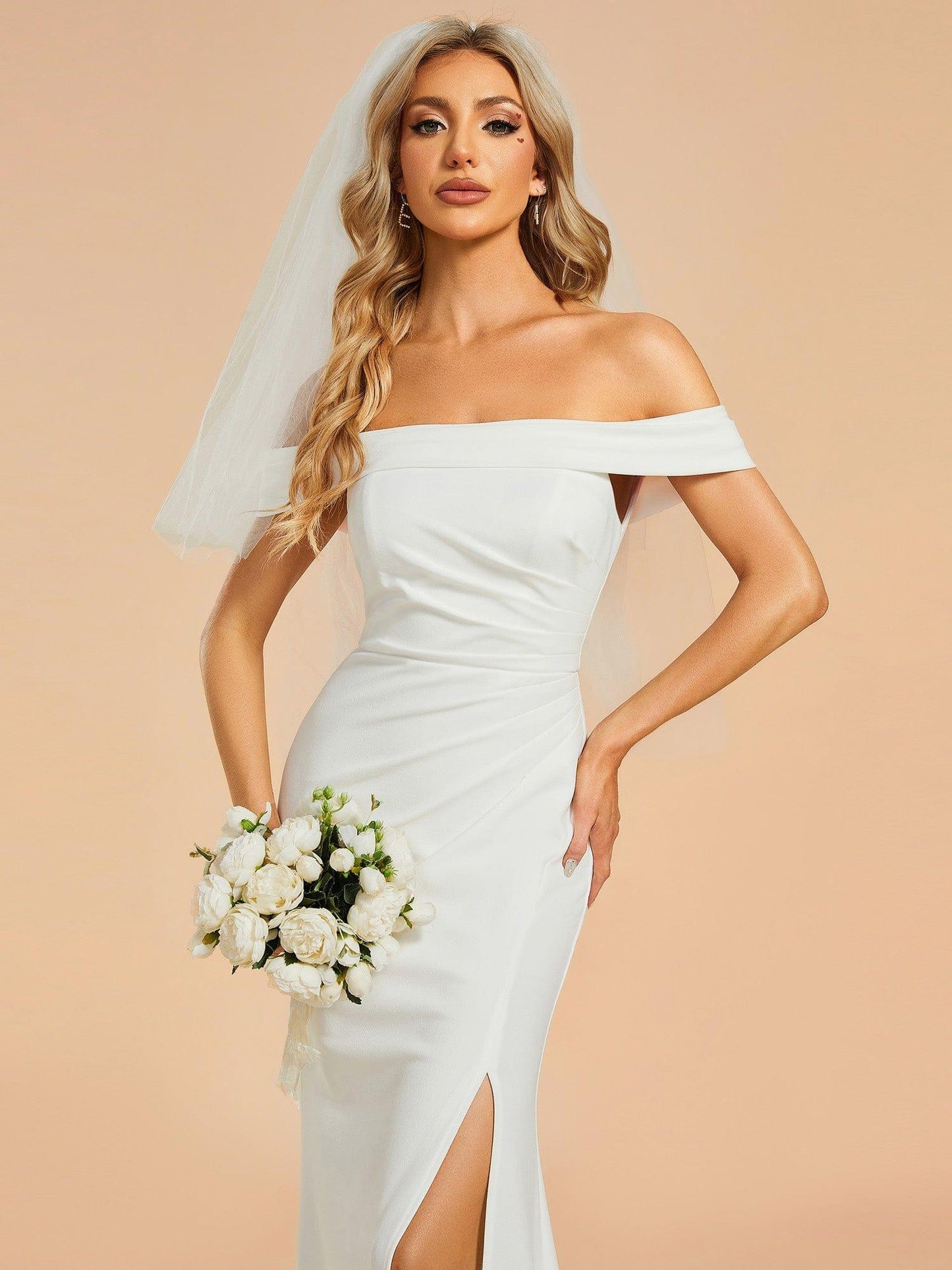 ITALISSE'S BRIDE|Off Shoulder Pleated Mermaid Wedding Dress featuring High Slit