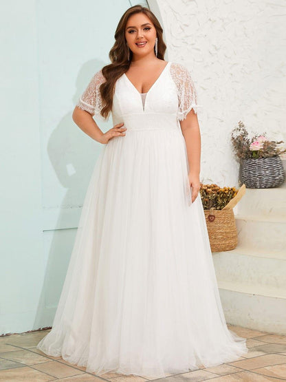 LUSARA'S BRIDE|Dreamy Plus Size V-Neck Lace Short Sleeves Tulle Wedding Dresses