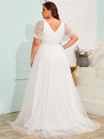 LUSARA'S BRIDE|V-Neck Tulle Wedding Dresses with Lace Short Sleeves